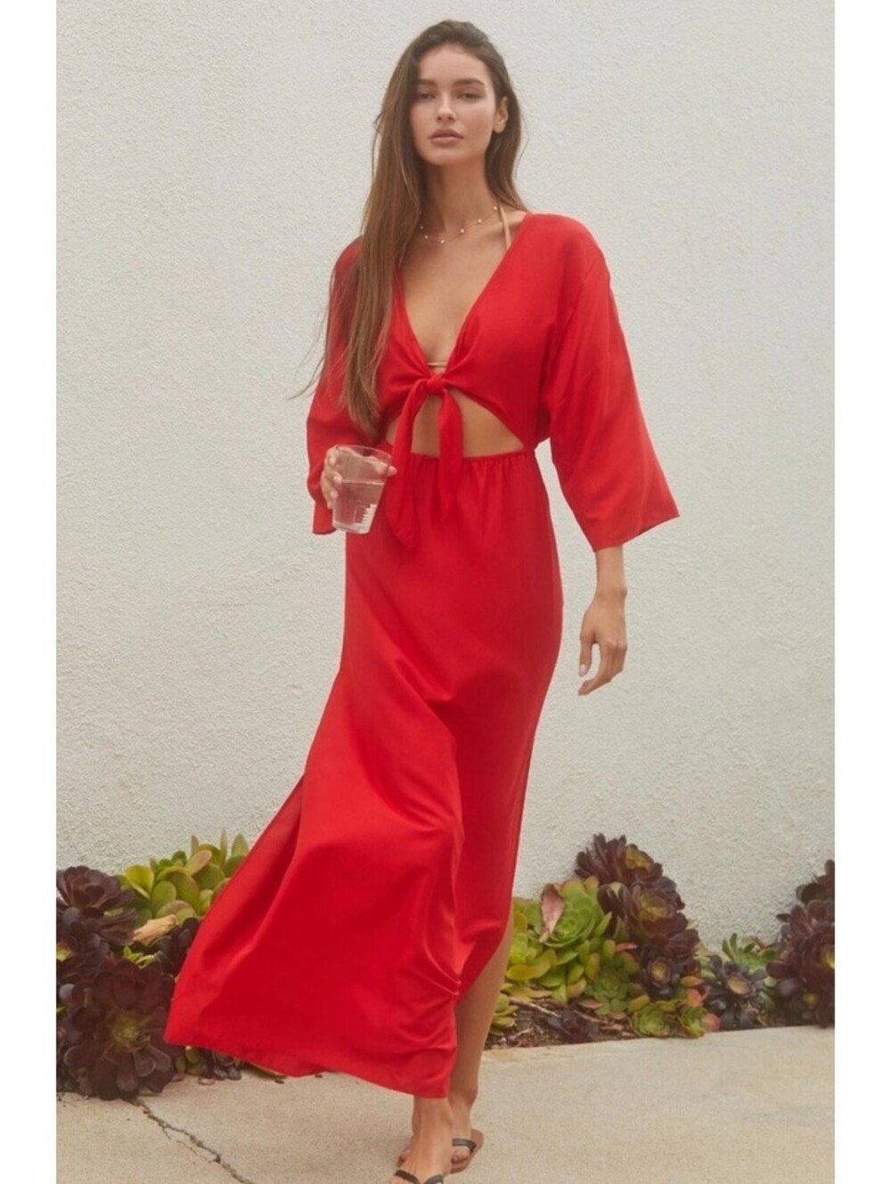 By Anthropologie Tie-Front Cover-Up Dress V Neck Red Long Slit Midi Large